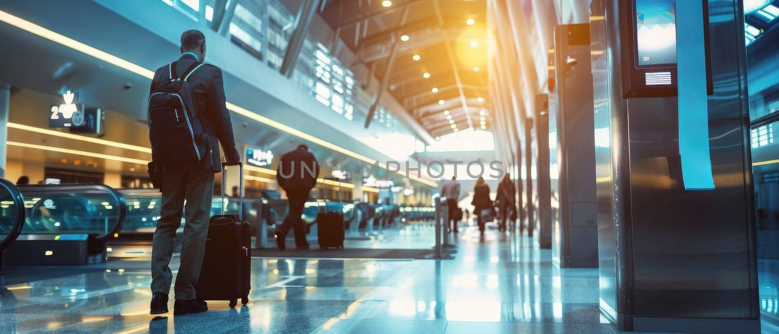 A man and woman walk through a large airport terminal by AI generated image by wichayada