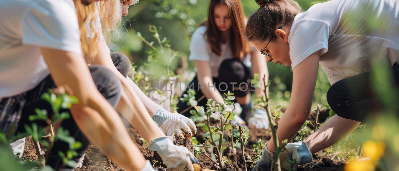 A group of people are planting trees in a park by AI generated image.