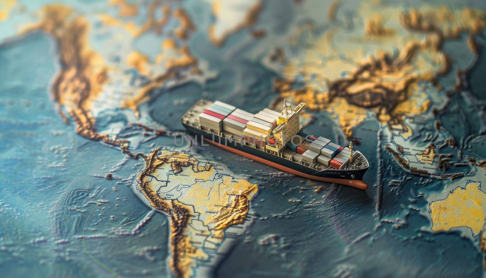 A small model of a ship is on a map of the ocean by AI generated image.