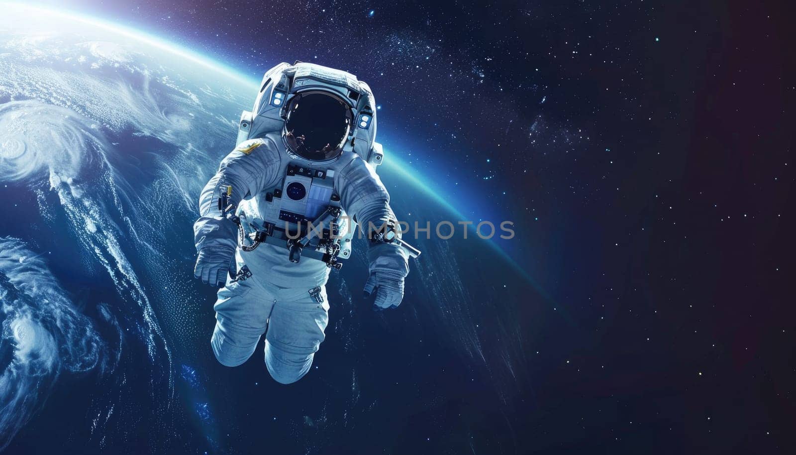 A man in a spacesuit is floating in space above the Earth by AI generated image by wichayada