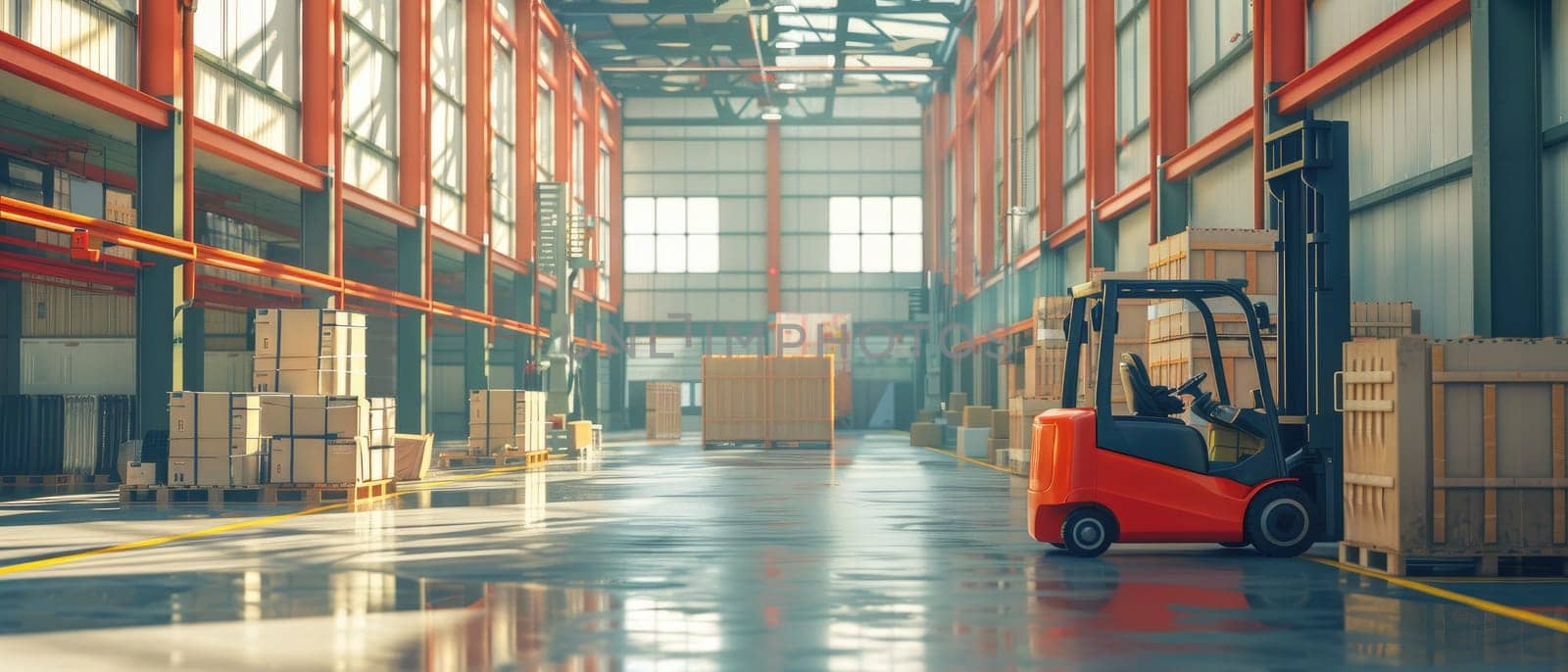 A forklift is in a large warehouse with many boxes by AI generated image.