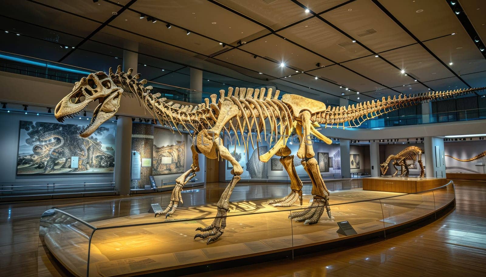 A skeleton of a dinosaur is on display in a museum by AI generated image.