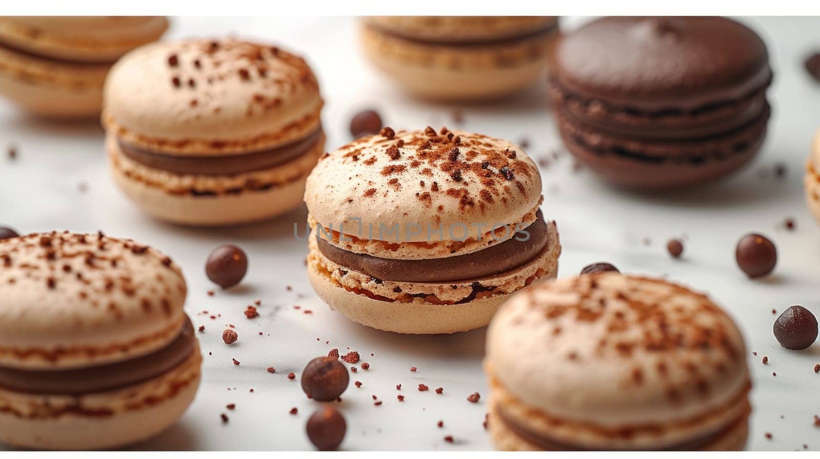 Close up view of coffee and chocolate macarons on white background.