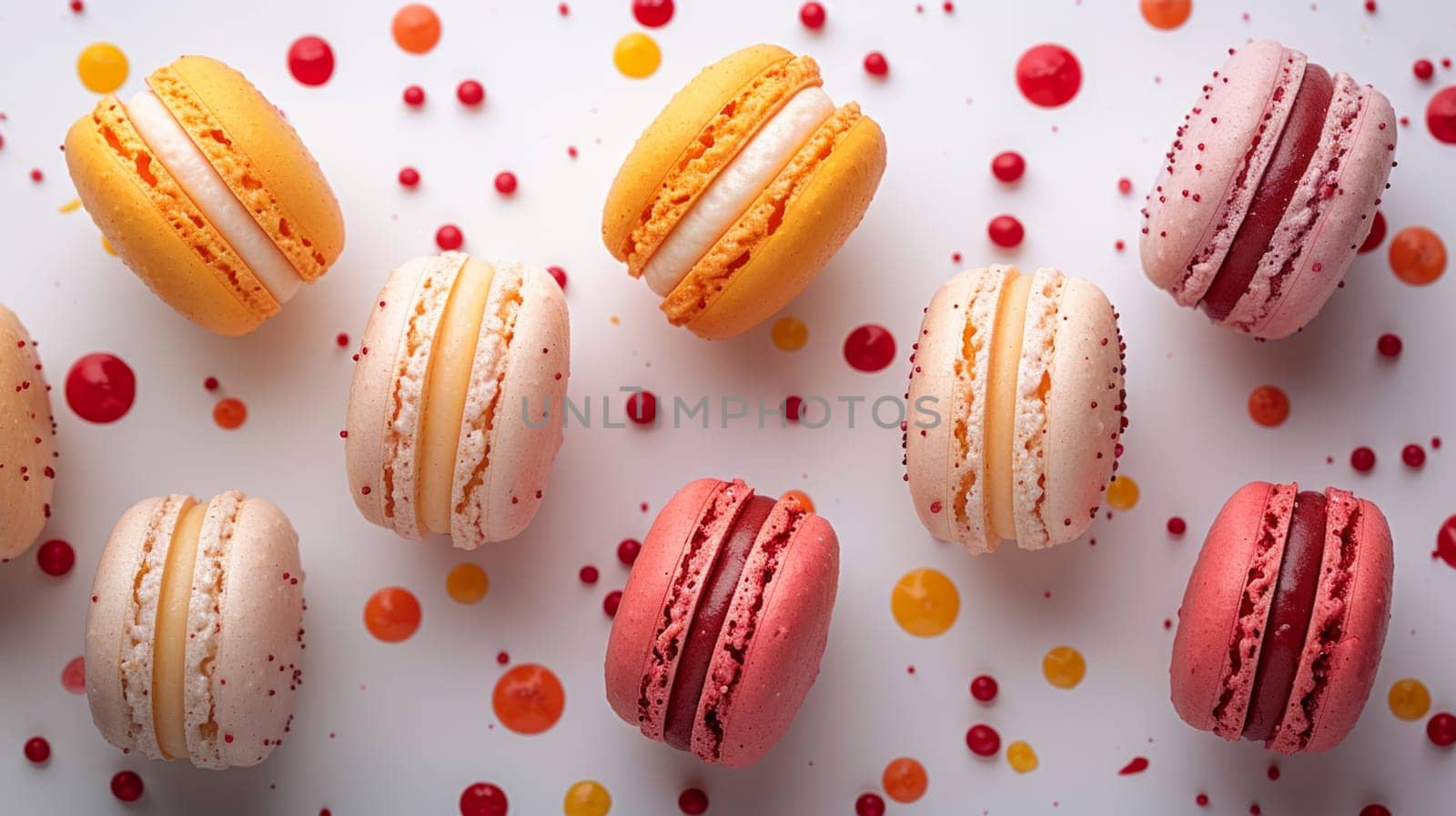 Macaroon in different colorful colors, creative layout. French chocolate macaroon cake on white background, top view.