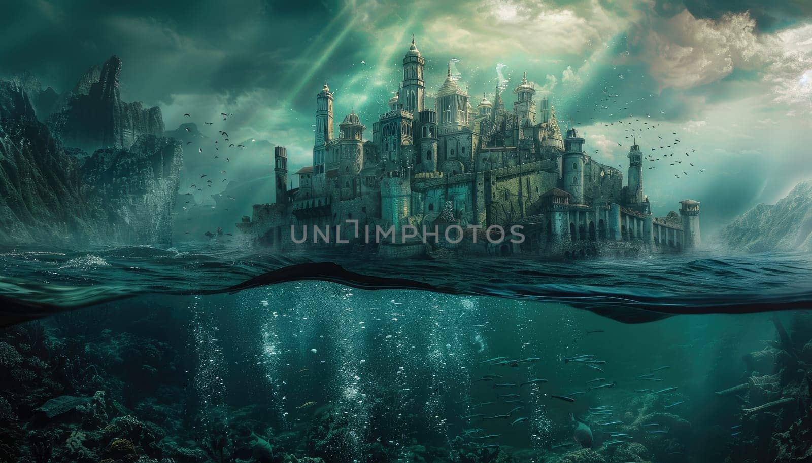 A fantasy underwater scene with a castle and a shark by AI generated image.