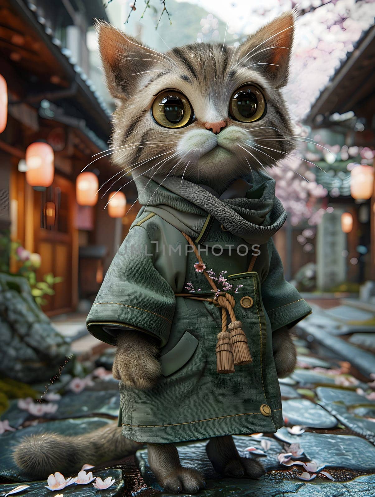 Felidae in green coat and scarf standing on cobblestone street by Nadtochiy