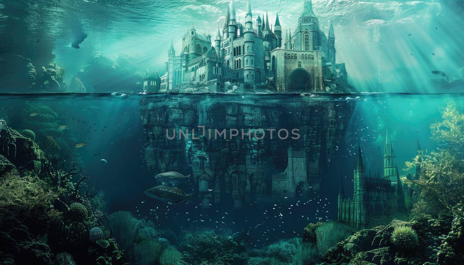 A fantasy underwater scene with a castle and a shark by AI generated image.