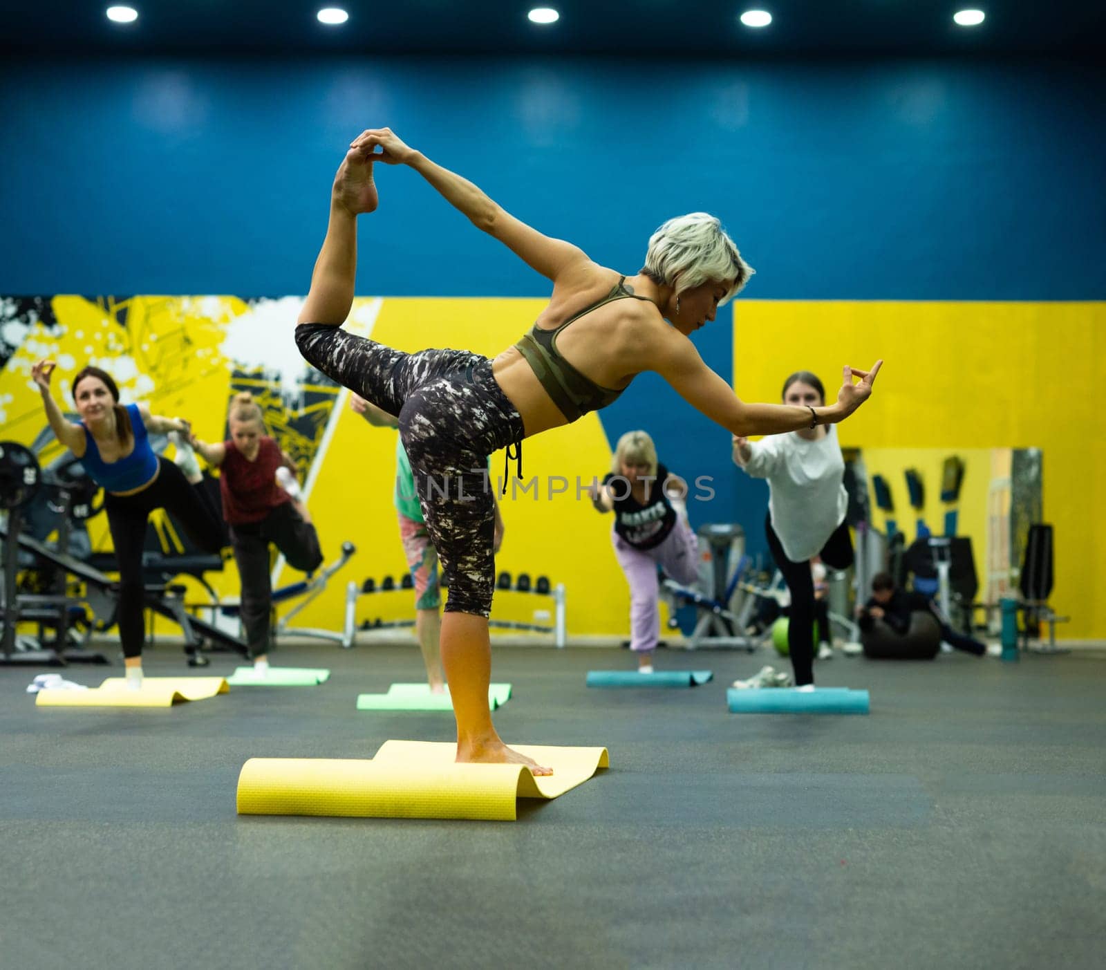 a slender athletic woman in the gym is beautifully engaged in yoga exercises on a mat by Rotozey
