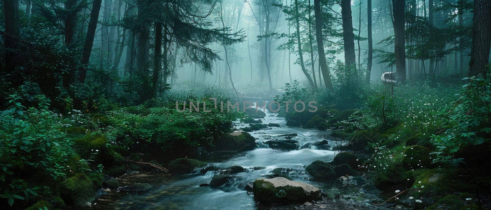 A forest with a stream running through it by AI generated image.