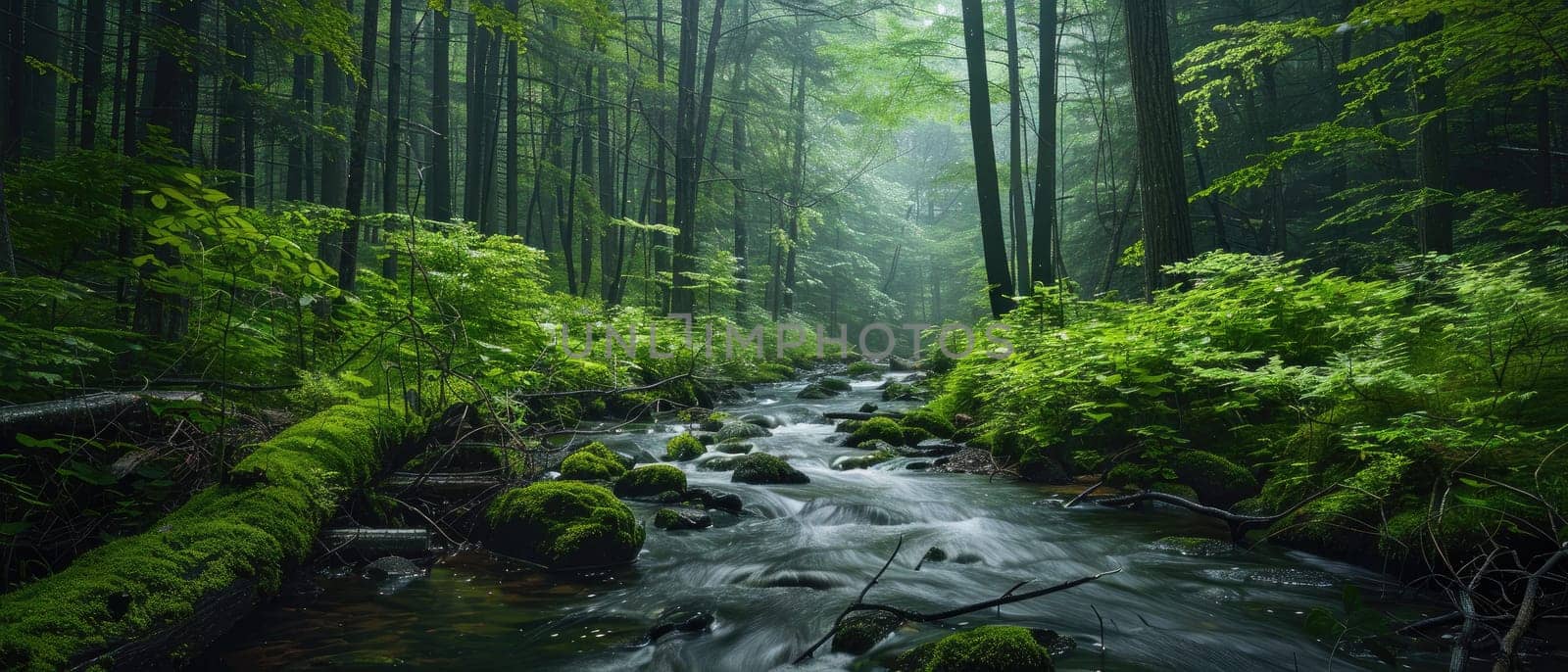 A forest with a stream running through it by AI generated image.