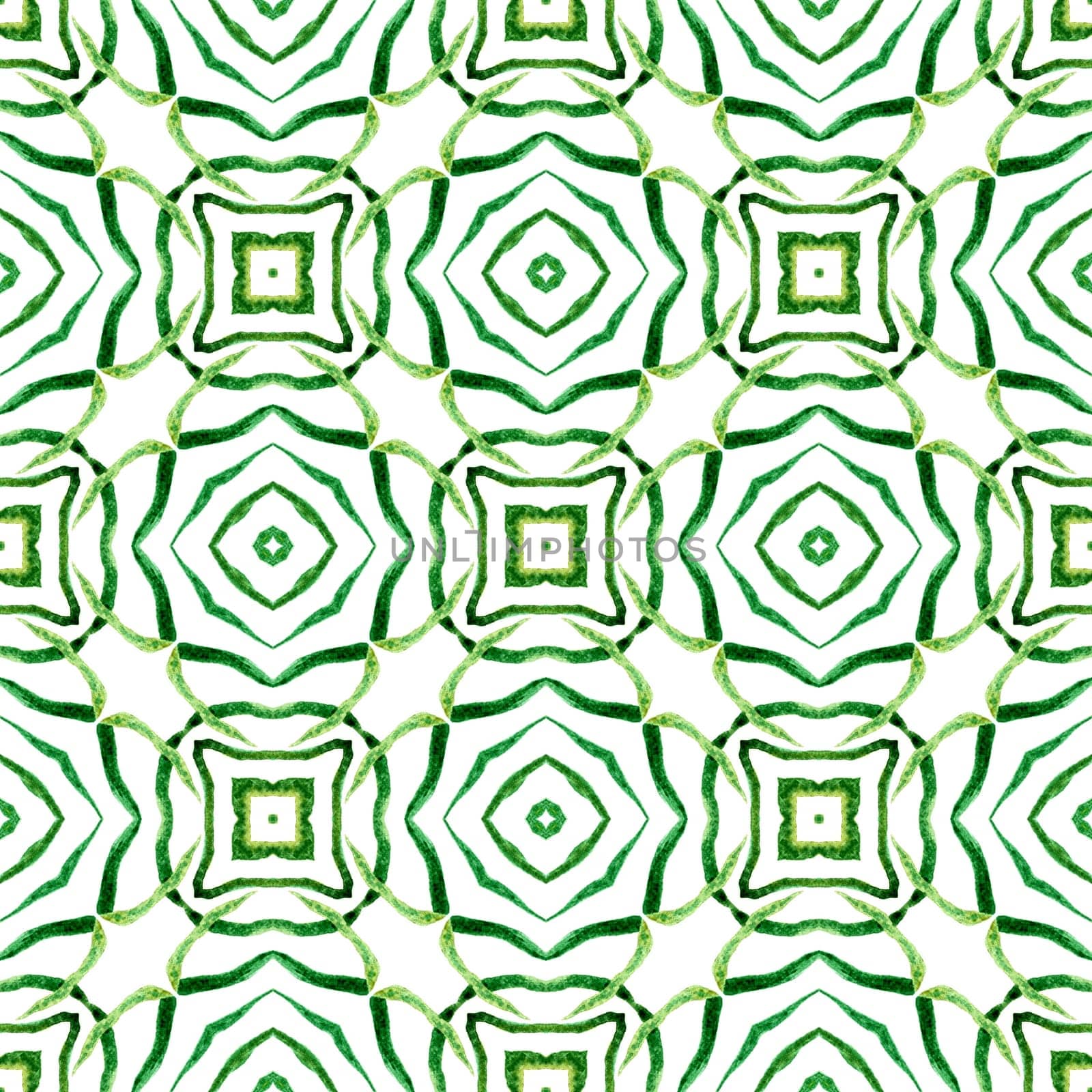 Tiled watercolor background. Green enchanting boho chic summer design. Textile ready great print, swimwear fabric, wallpaper, wrapping. Hand painted tiled watercolor border.