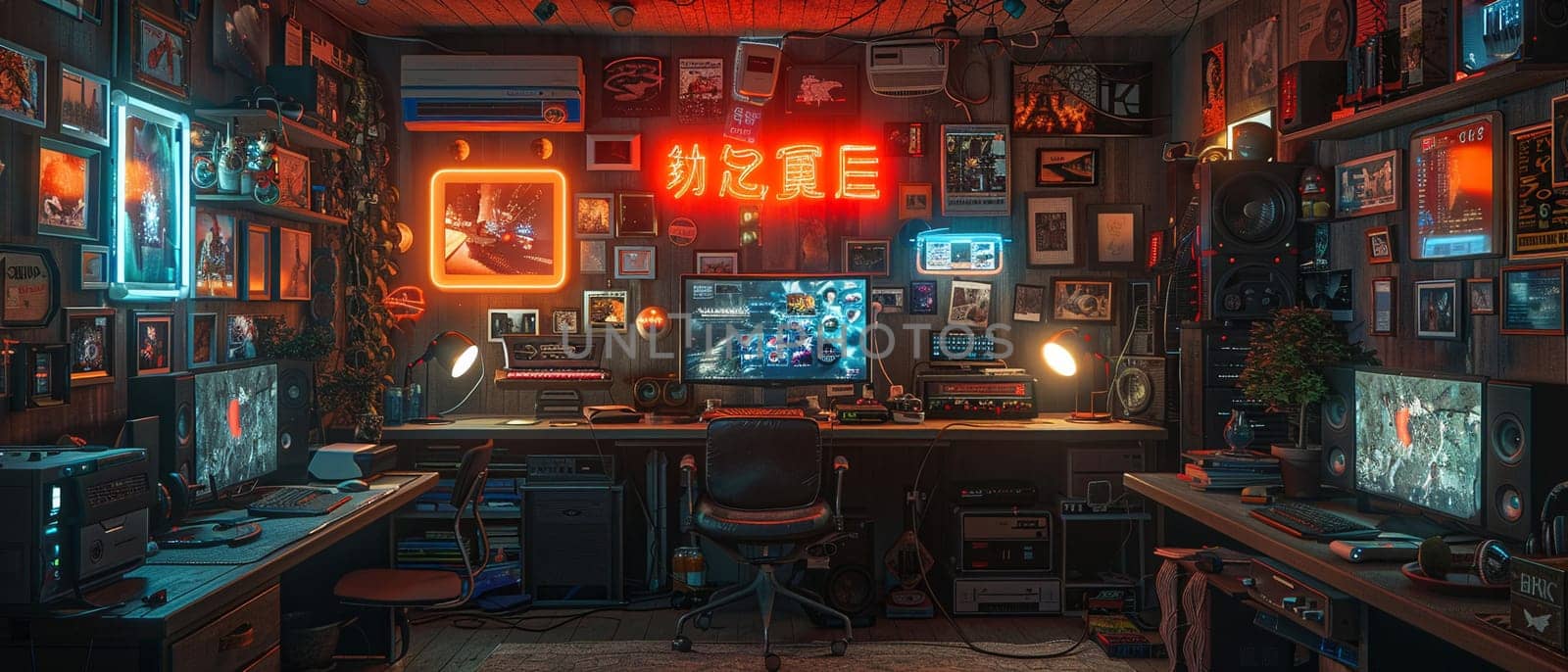 Cyberpunk gaming den with neon lights and high-tech setups.