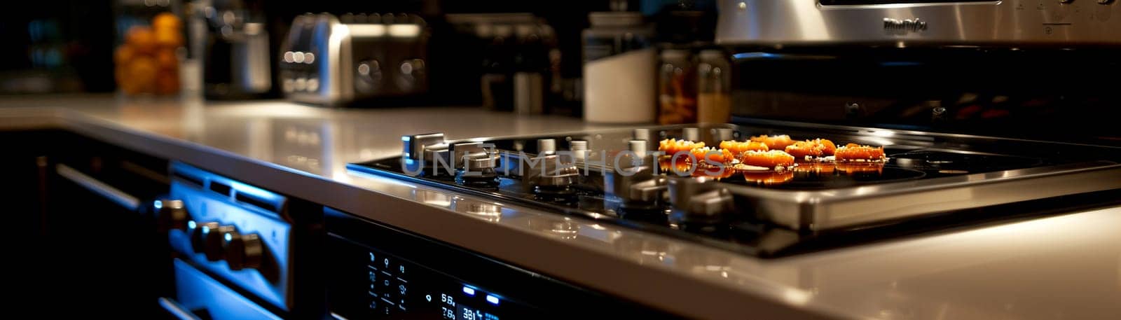 Futuristic smart home kitchen with voice-controlled appliances and interactive countertops