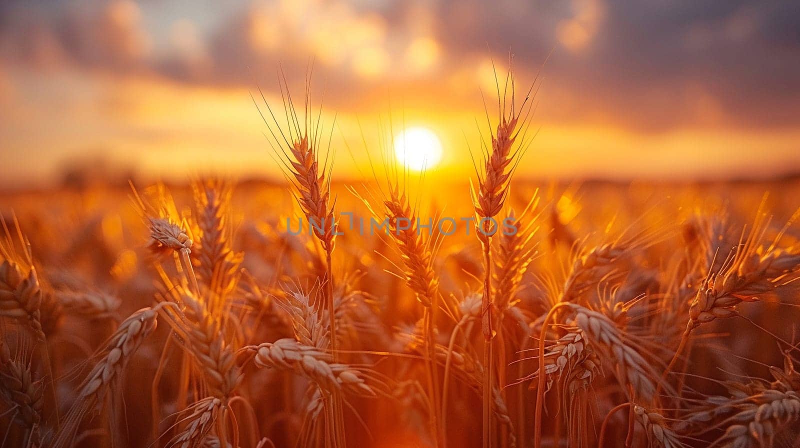 Golden wheat field at sunset, representing harvest and abundance.