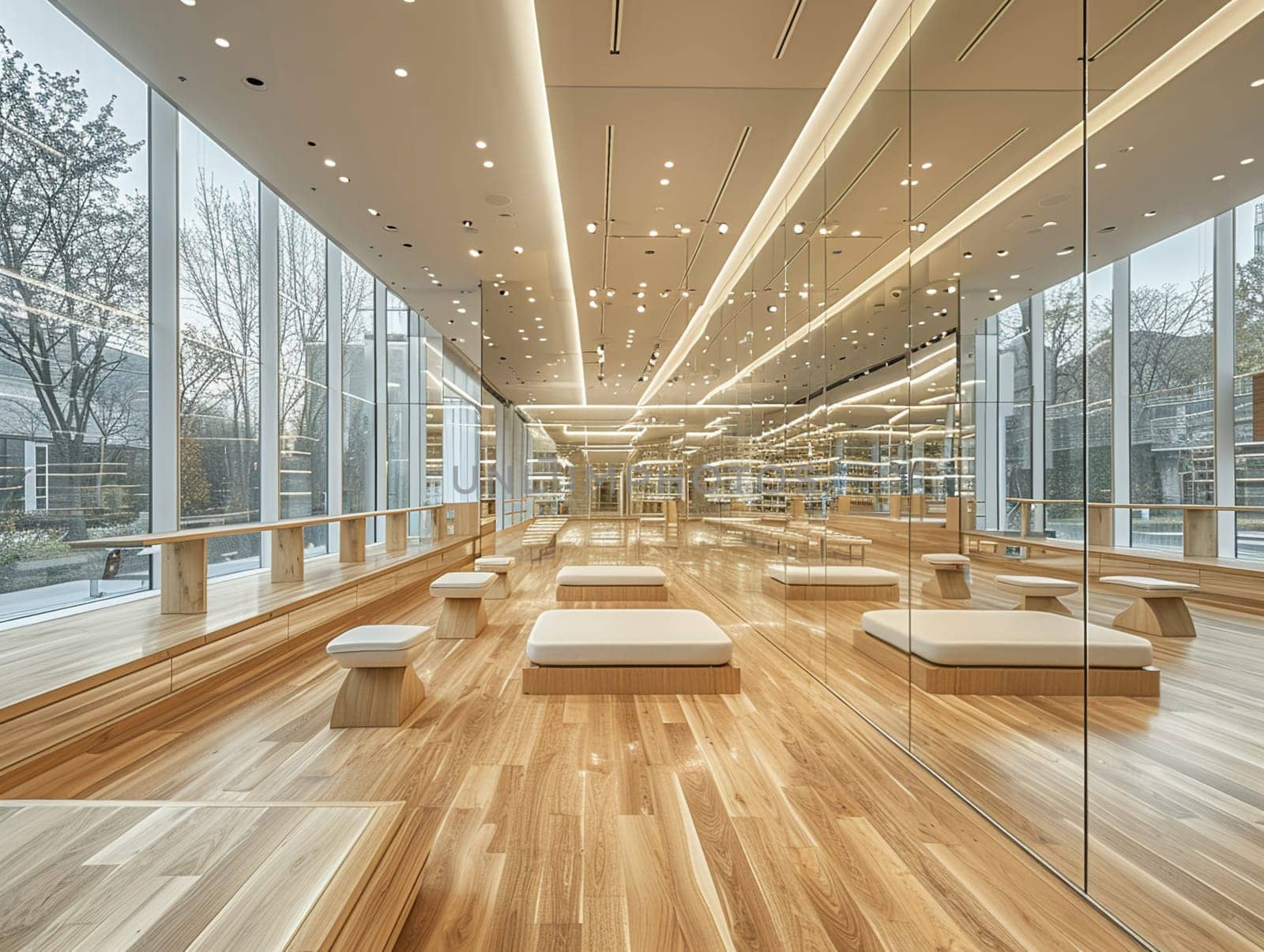 Contemporary ballet studio with mirrored walls and barres.