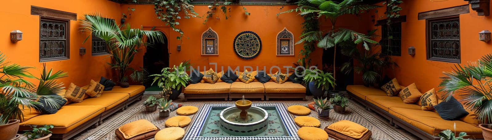 Moroccan riad courtyard with a mosaic fountain and plush cushions by Benzoix