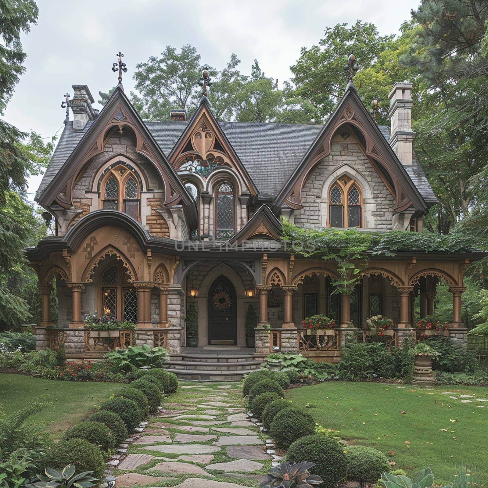 Ornate Gothic Revival House with Pointed Arches, gothic architectural grandeur.