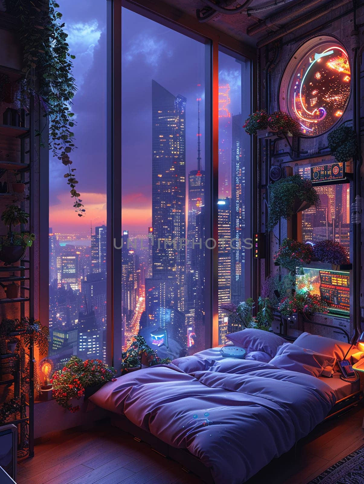 Cyberpunk apartment with neon lights, high-tech gadgets, and urban views.