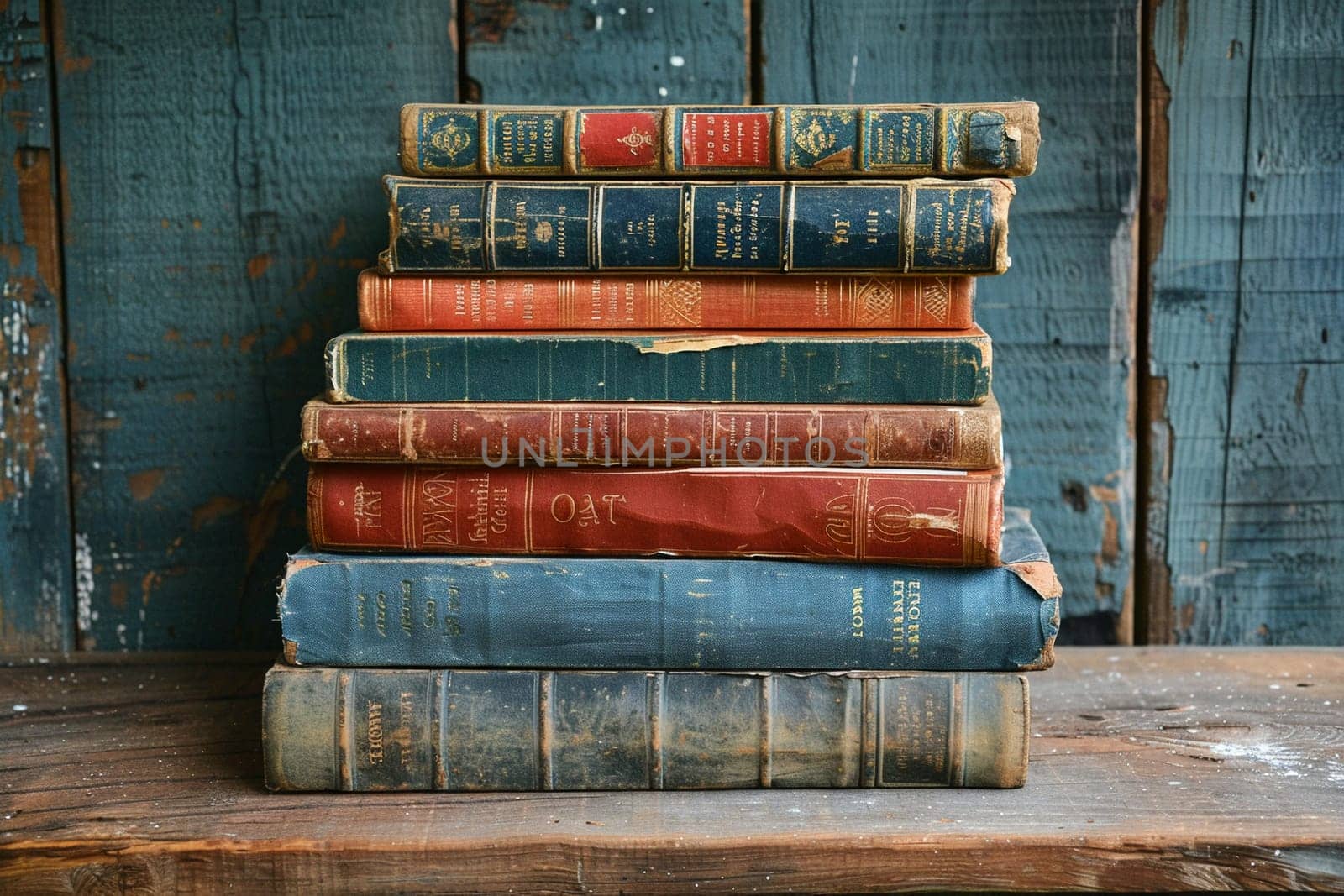 Collection of vintage books stacked on wooden table, suggesting education or nostalgia.