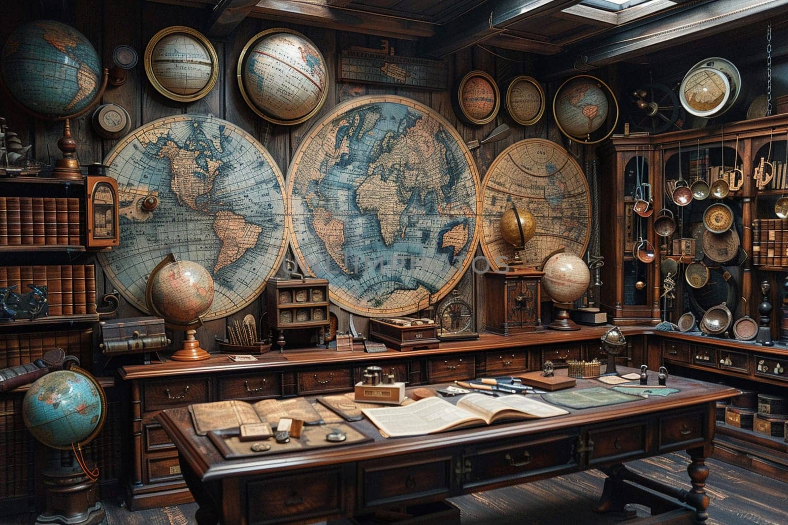 Old-world map room with globes and antique navigation tools.