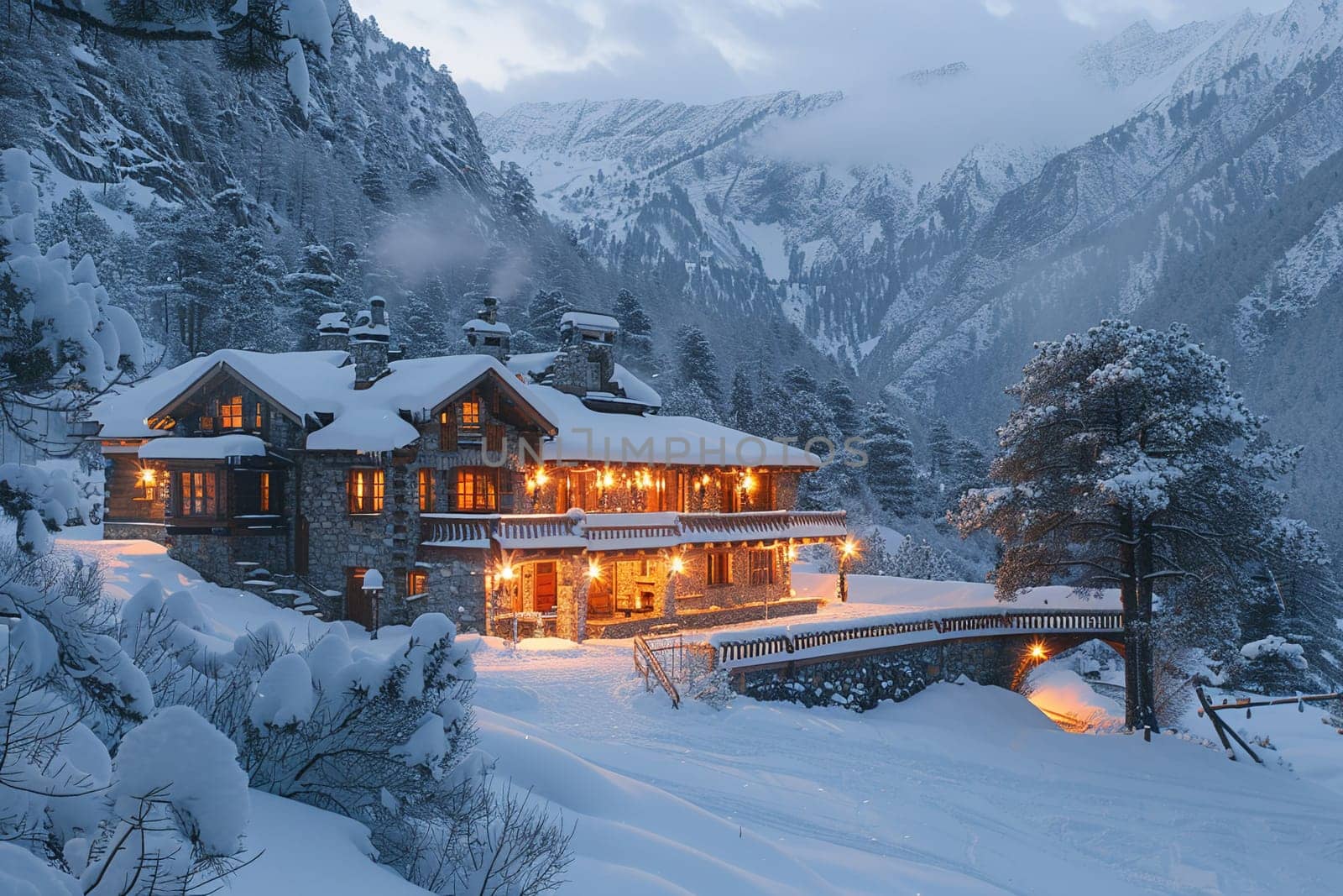 Remote Ski Lodge with Cozy Fireplaces and Snow-Covered Roofs, secluded ski lodge for winter sports enthusiasts.