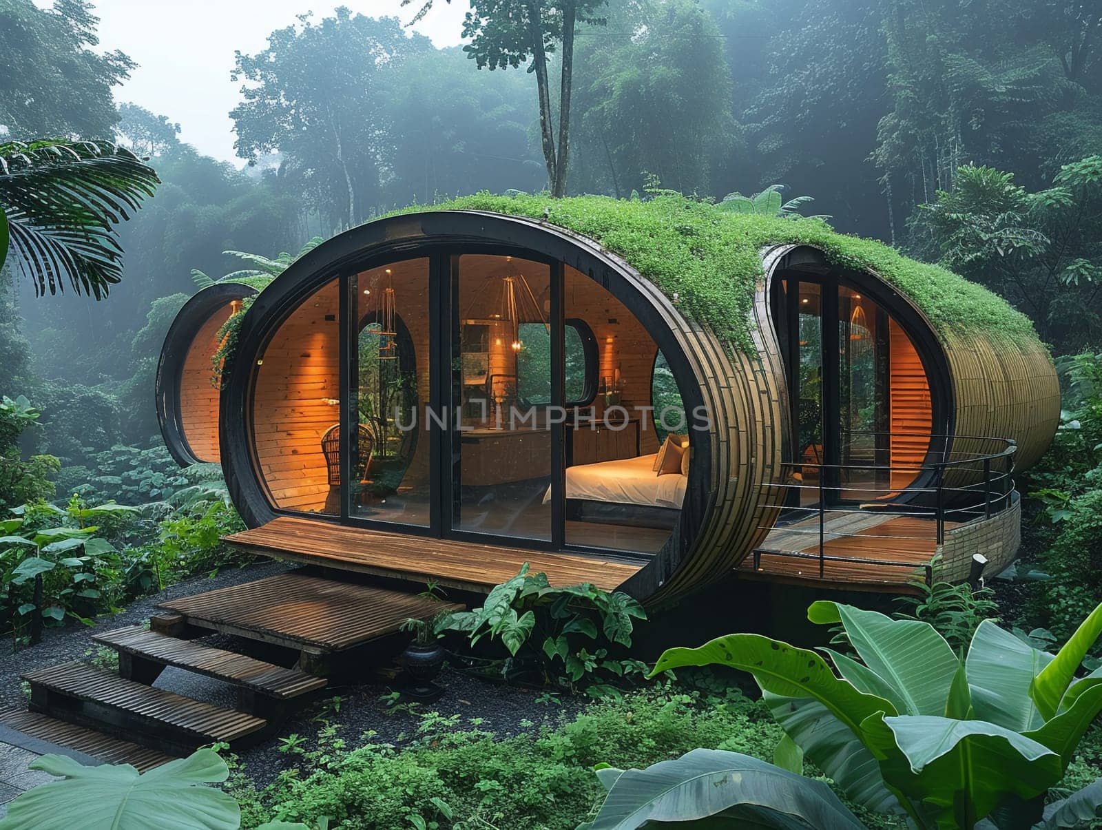 Sustainable Bamboo Structure Promoting Eco-Tourism, bamboo eco-pod in a serene natural environment.
