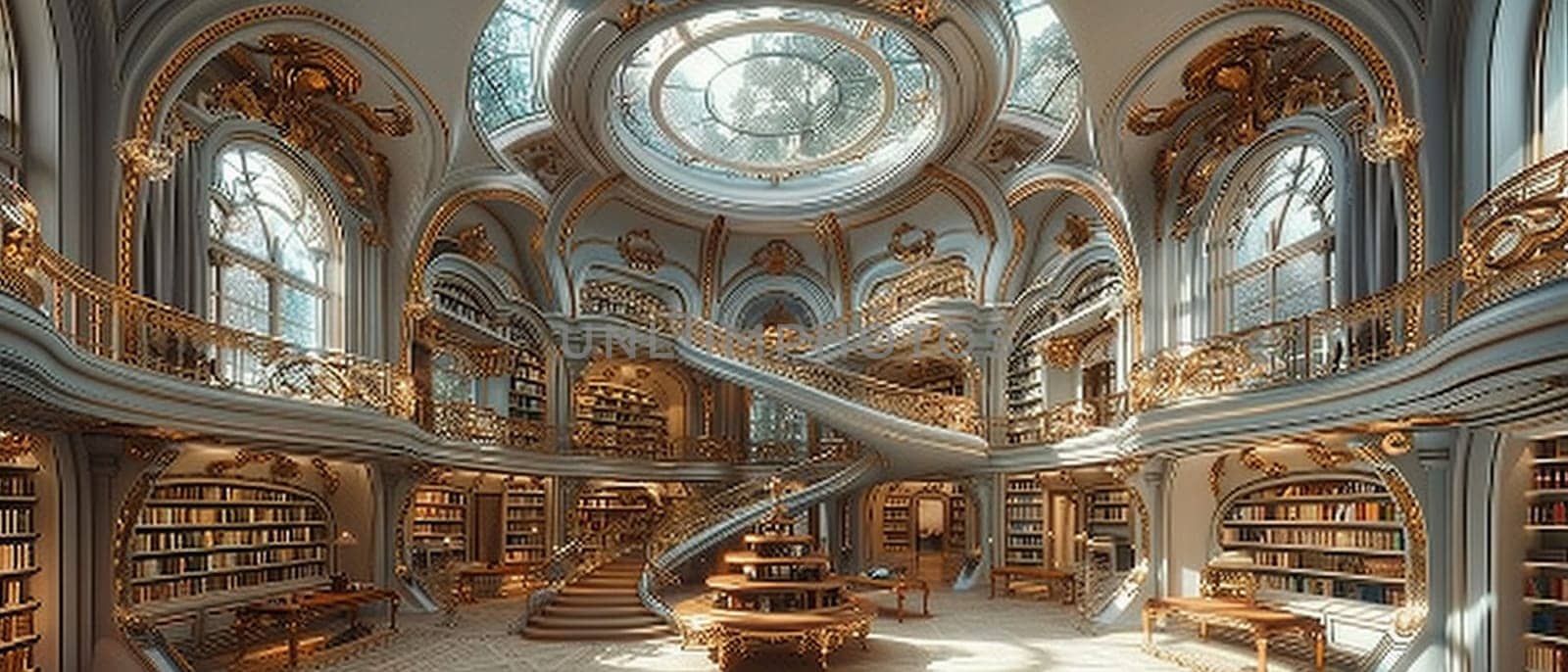Grand library with a spiral staircase and domed ceiling by Benzoix