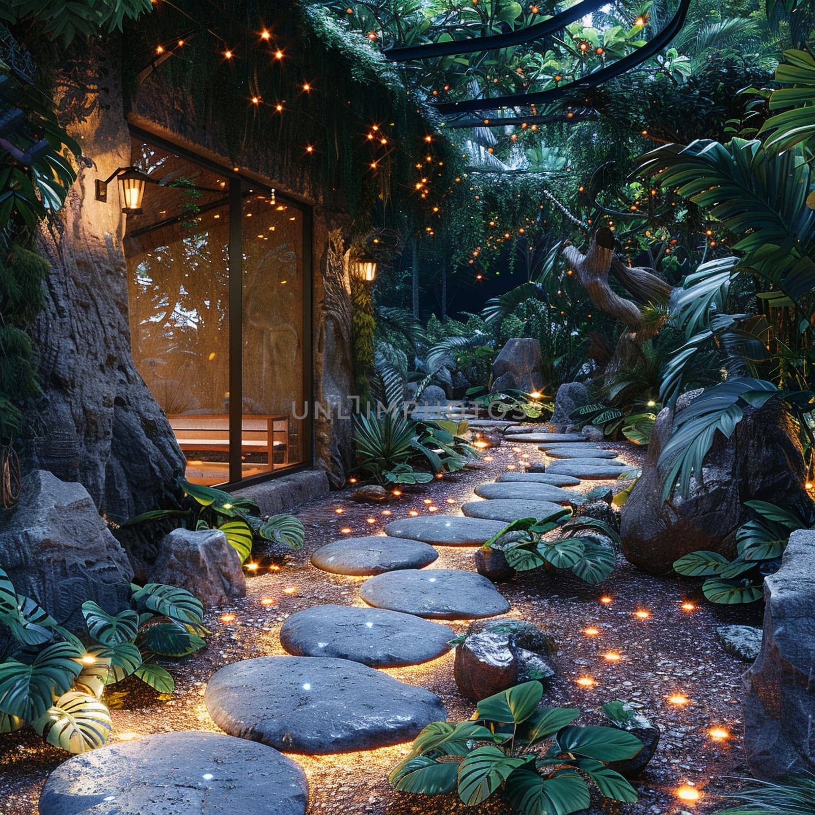 Moonlit garden with luminescent plants and a star-gazing area.