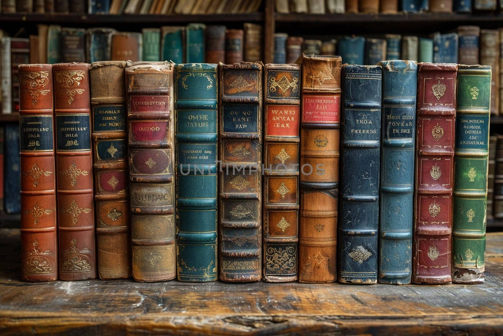 Collection of vintage books stacked on wooden table, suggesting education or nostalgia.