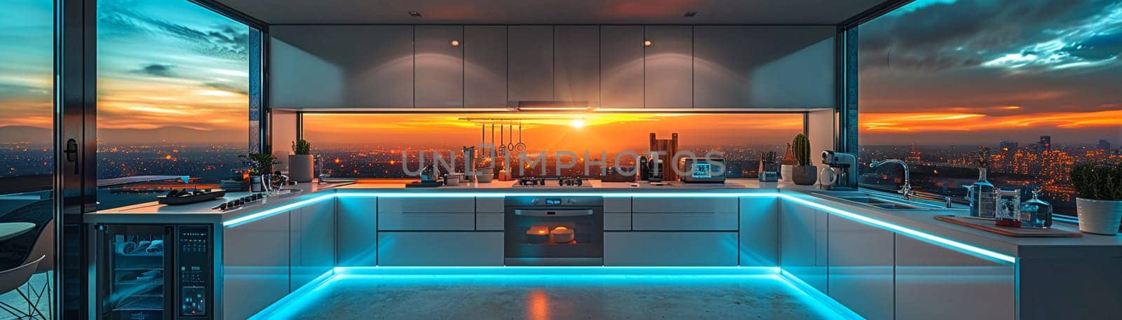 Futuristic smart home kitchen with voice-controlled appliances and interactive countertops