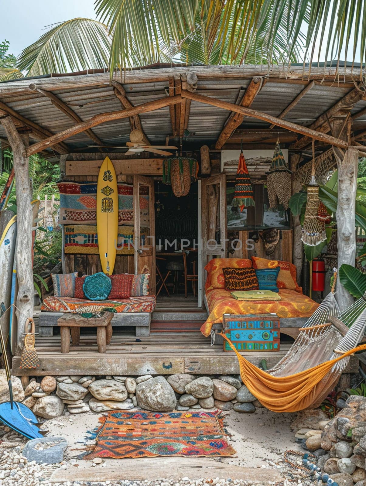 Bohemian beach hut with colorful fabrics hammocks by Benzoix