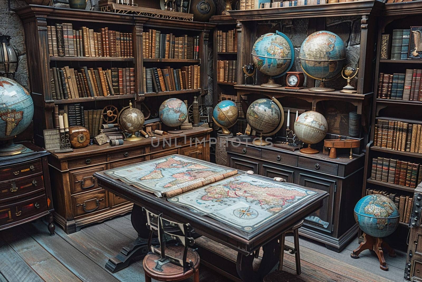 Old-world map room with globes and antique navigation tools.