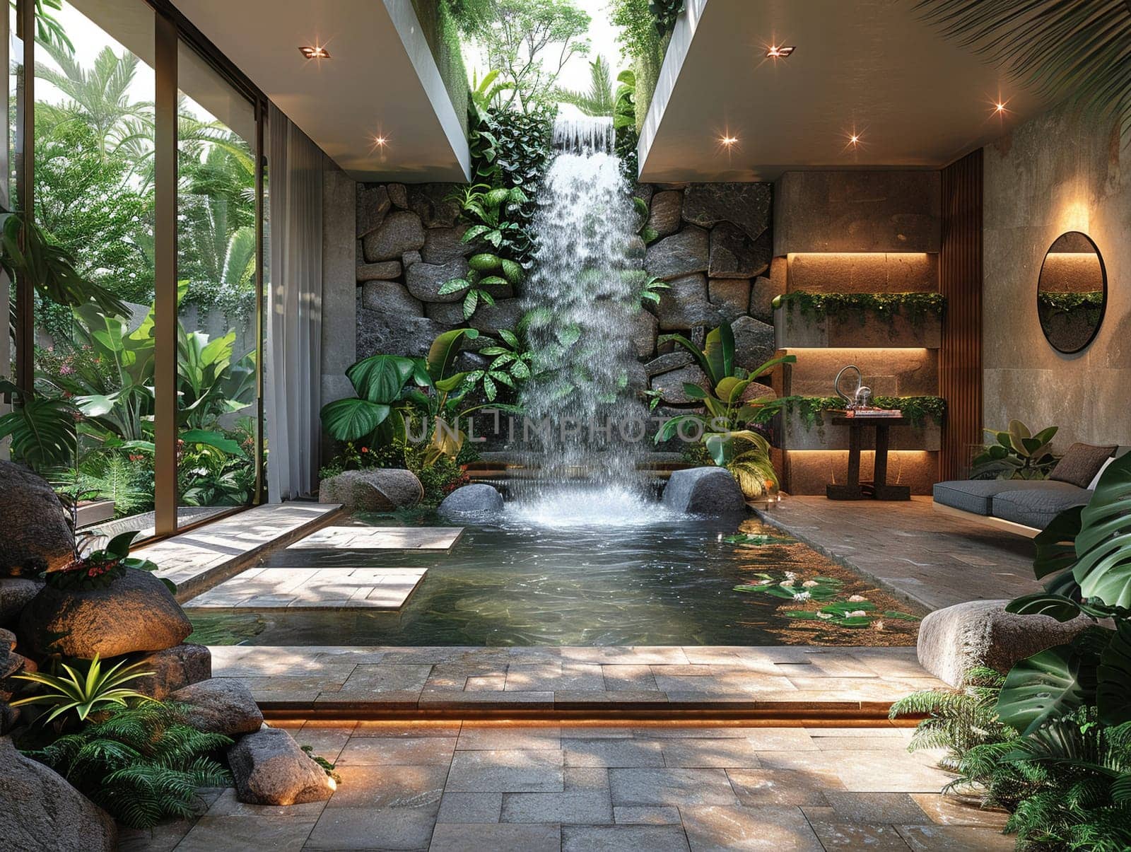 Tropical resort lobby with water features and lush foliage by Benzoix