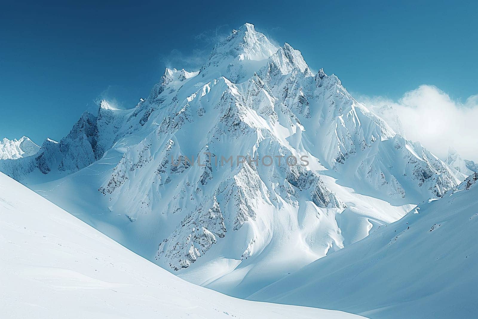 Snow-covered mountain peaks under clear blue sky by Benzoix