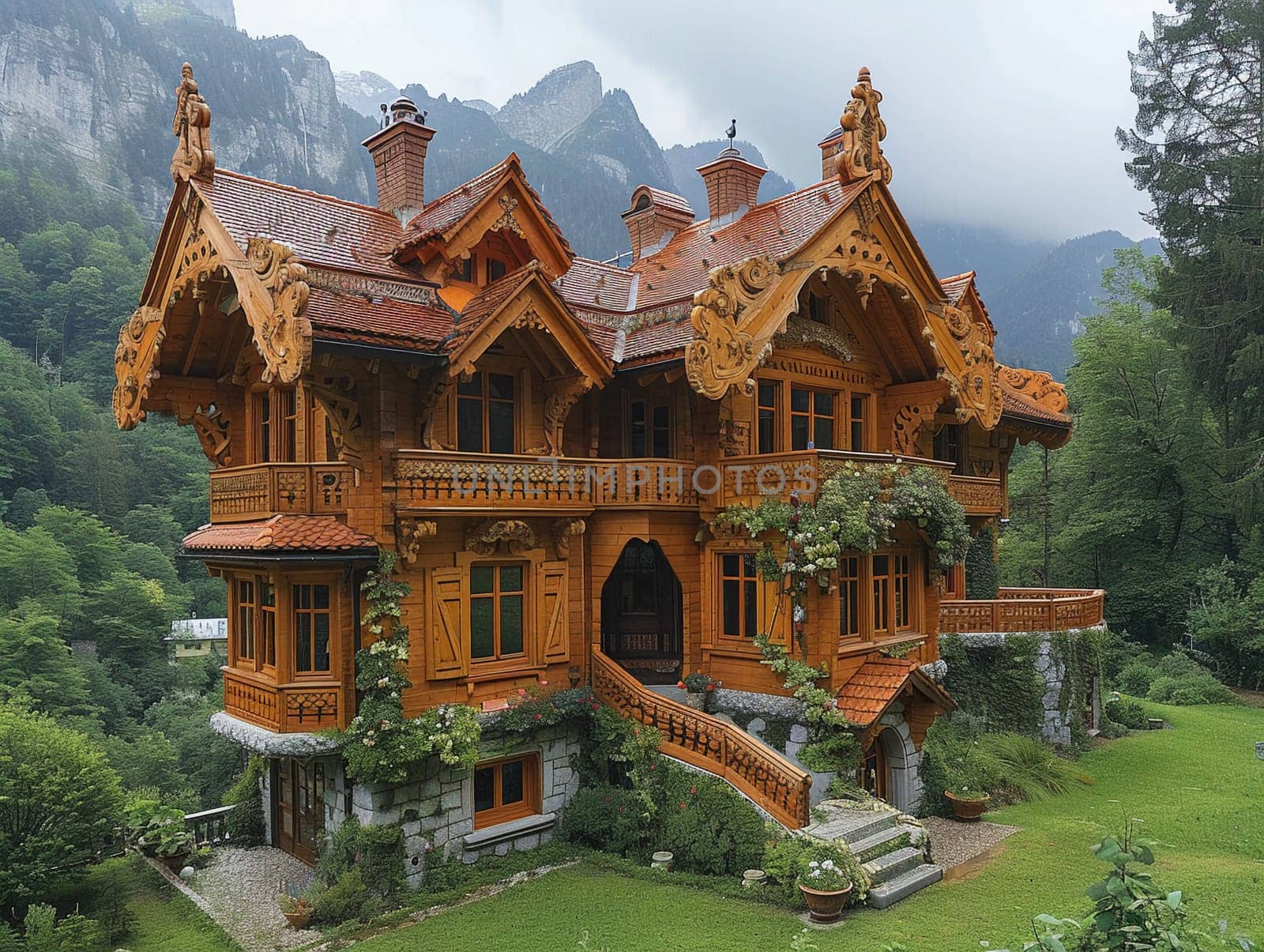 Traditional Swiss Chalet Nestled in Alps with Detailed Wood Carvings, Swiss chalet charm and craftsmanship.
