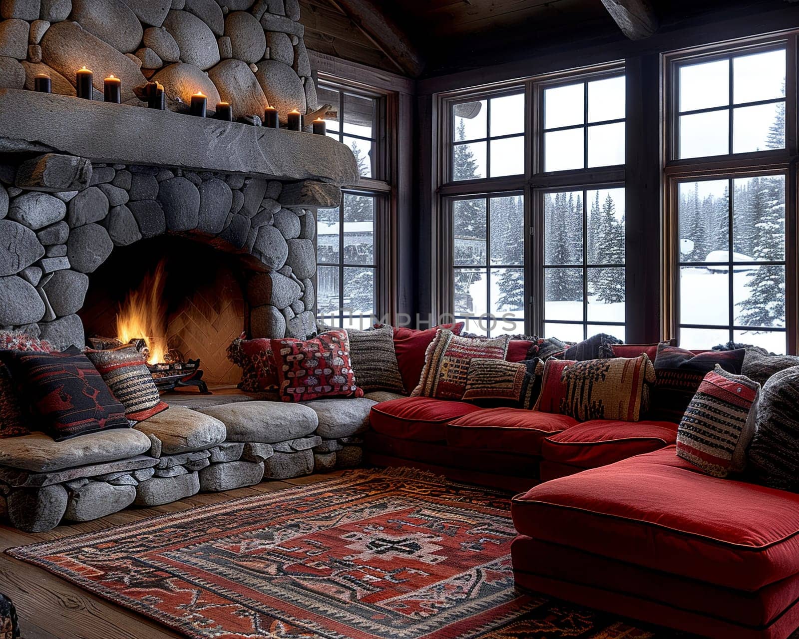 Cozy ski lodge living room with a stone fireplace and comfortable seating.