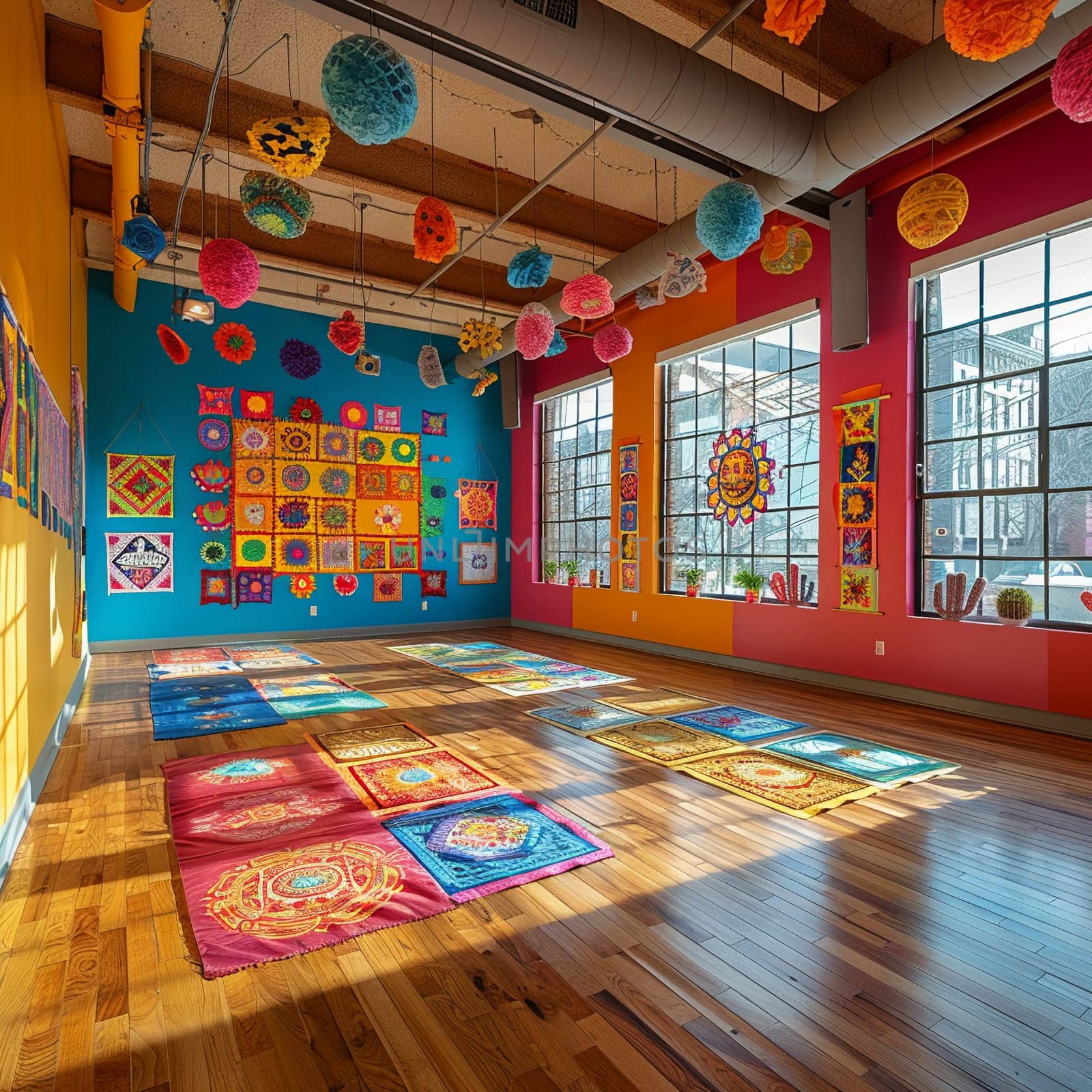 Vibrant Latin dance studio with colorful decorations and a wooden floor.