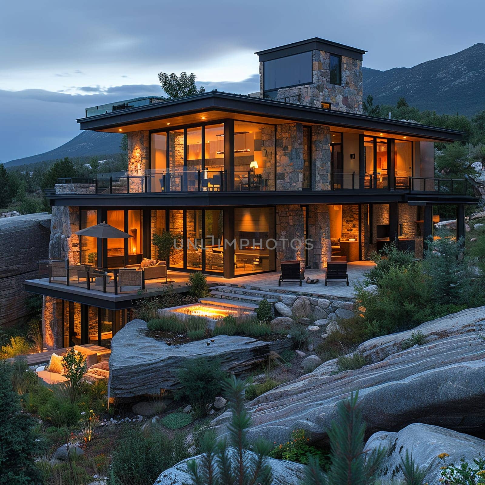 Modern Home Integrated into Rugged Mountain Landscape, mountain modern architecture.