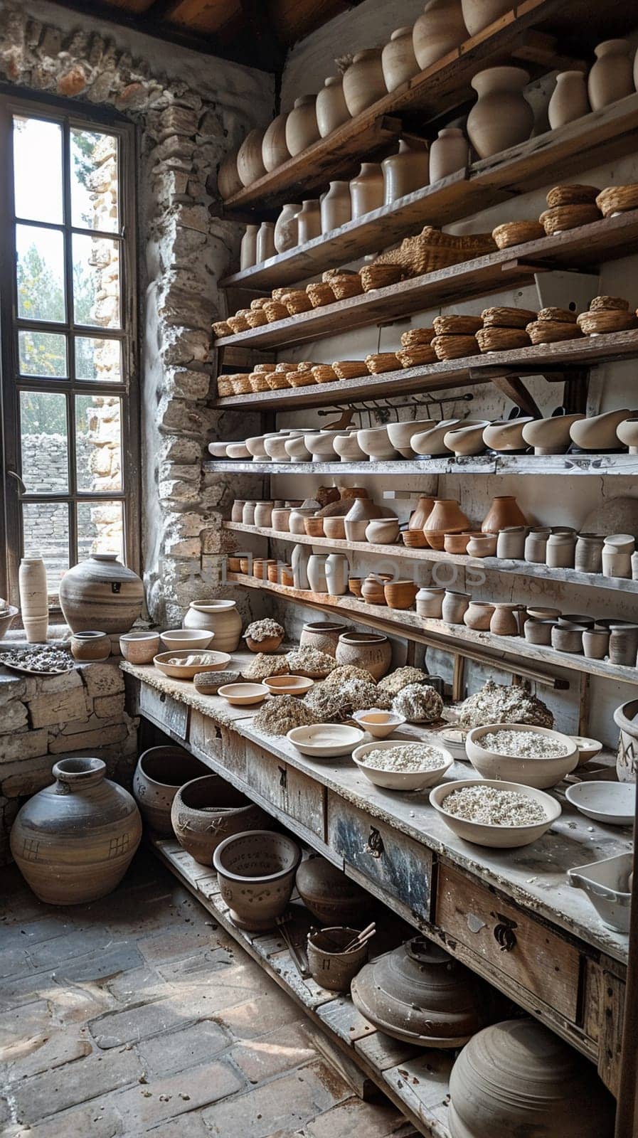 Rustic pottery studio with clay tools and a kiln.