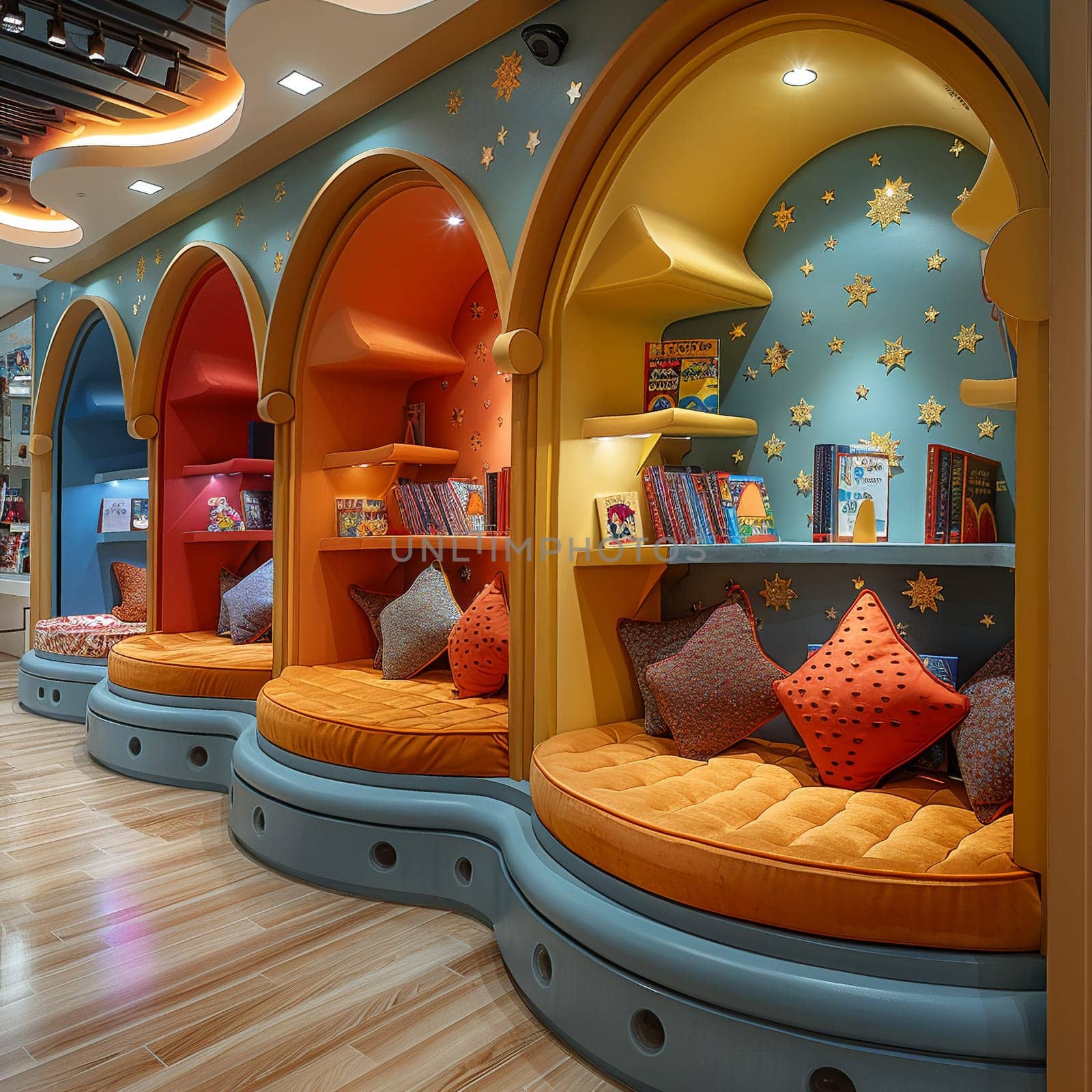 Interactive children's library with themed reading nooks and educational games.