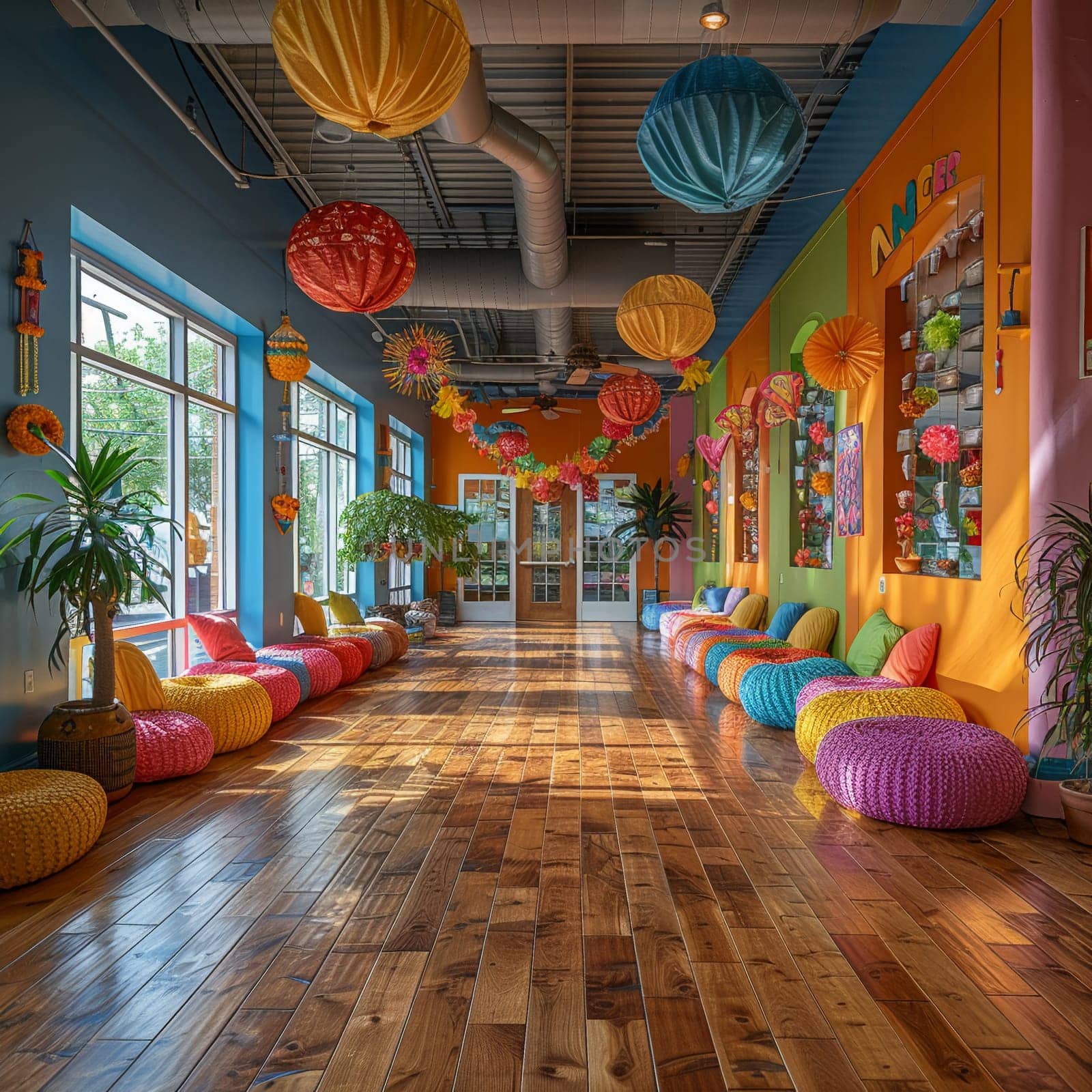 Vibrant Latin dance studio with colorful decorations and a wooden floor.