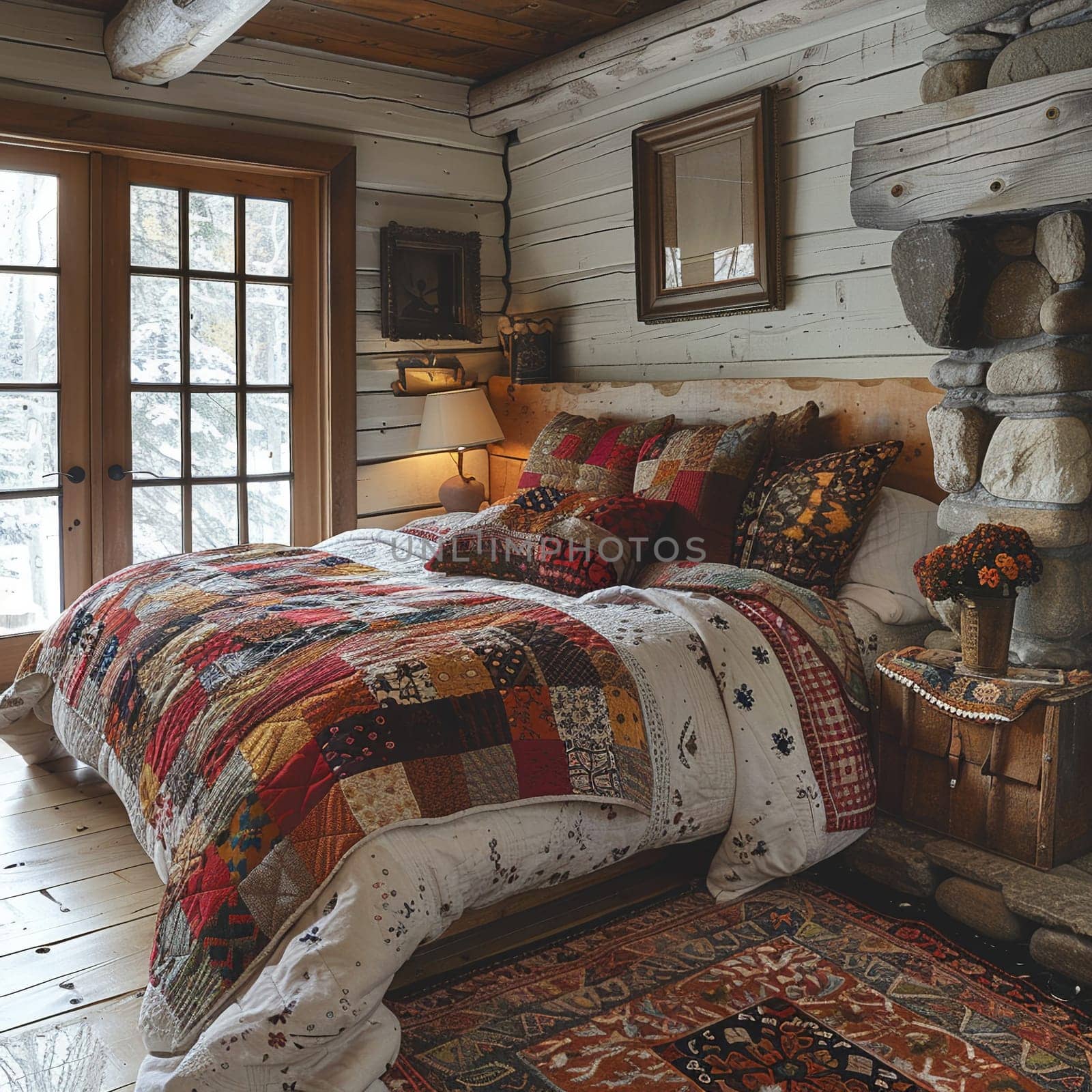 Cozy mountain cabin bedroom with a log bed, quilted blankets, and a stone hearth.