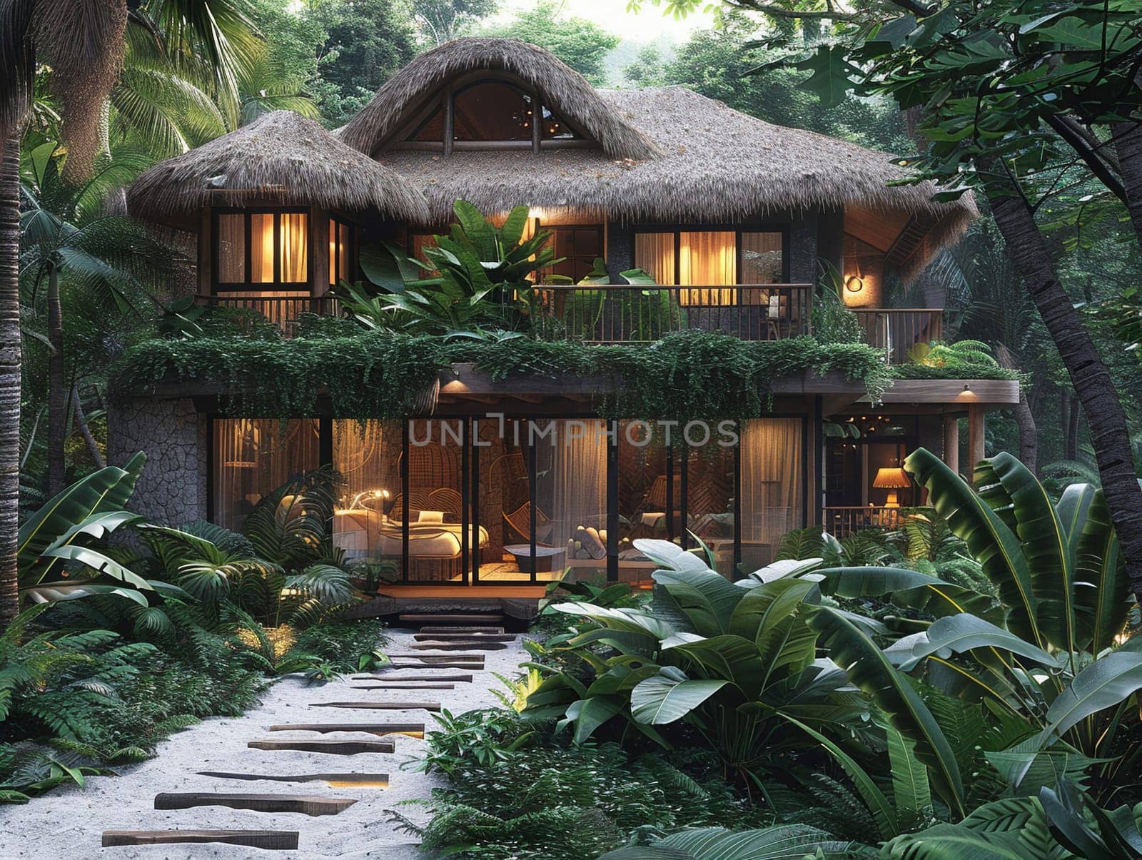 Luxurious Tropical Hideaway Nestled in Lush Foliage, a bungalow paradise.