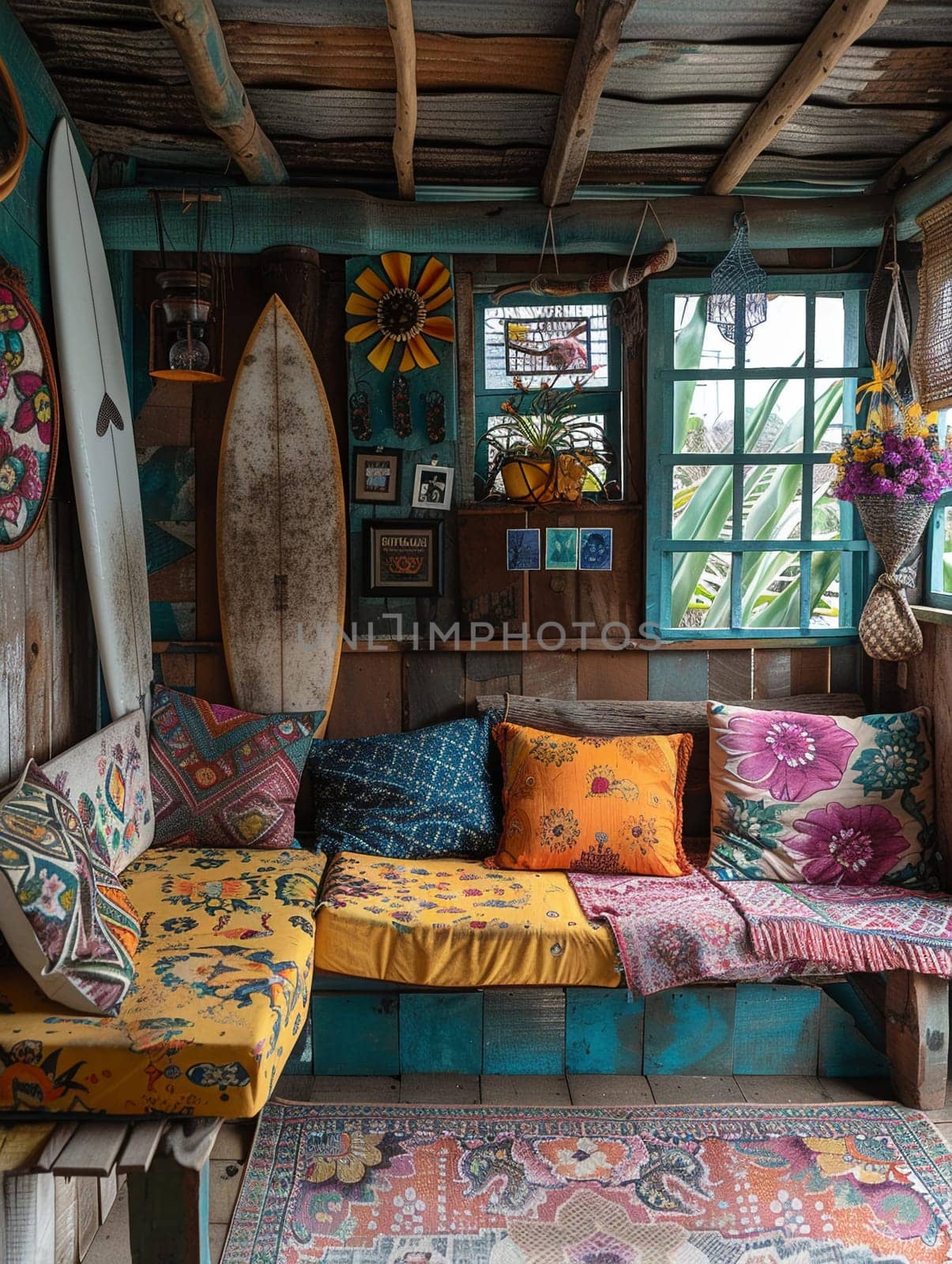 Bohemian beach hut with colorful fabrics, hammocks, and surfboards.