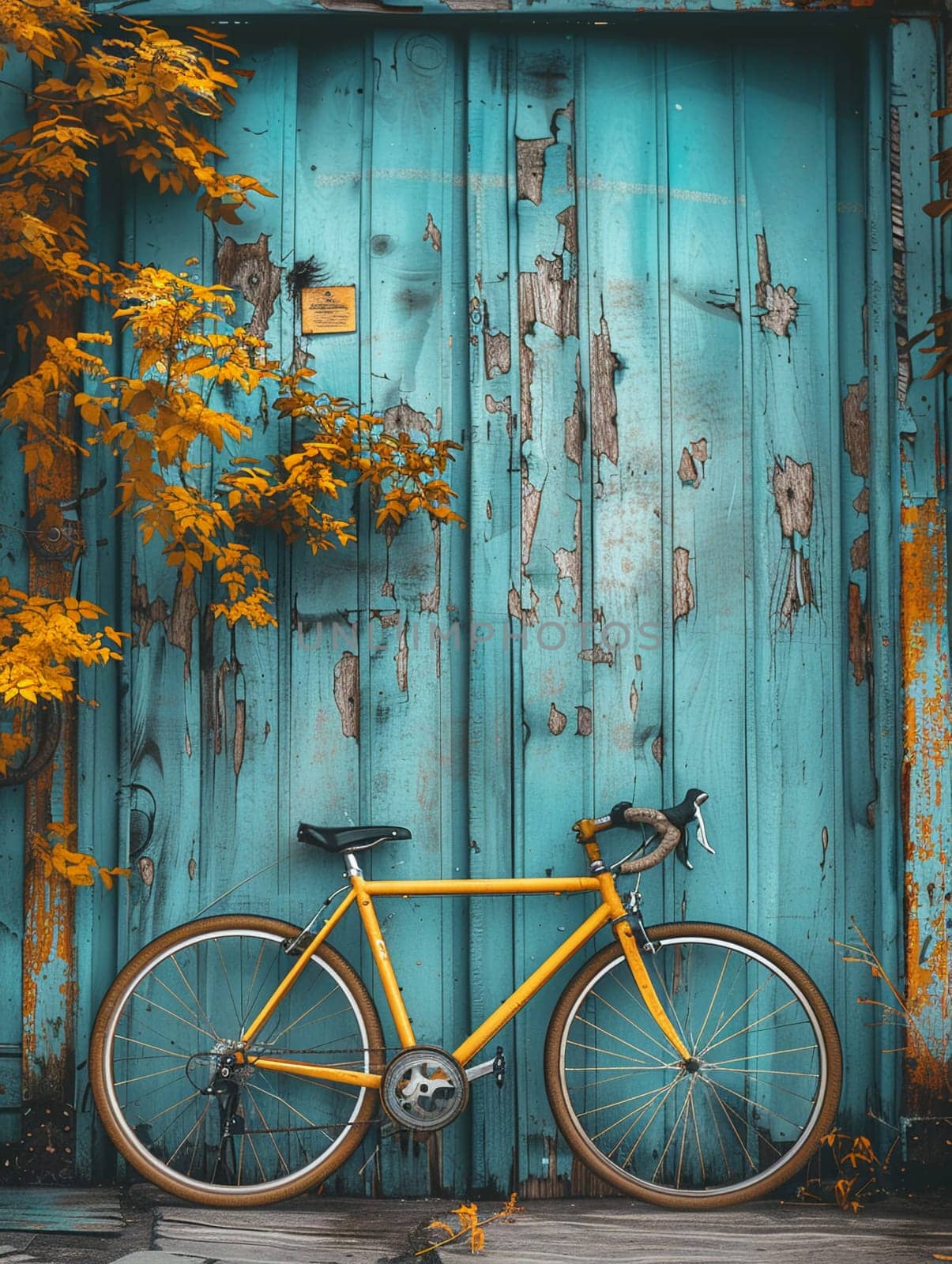 Bicycle leaning against rustic wall by Benzoix