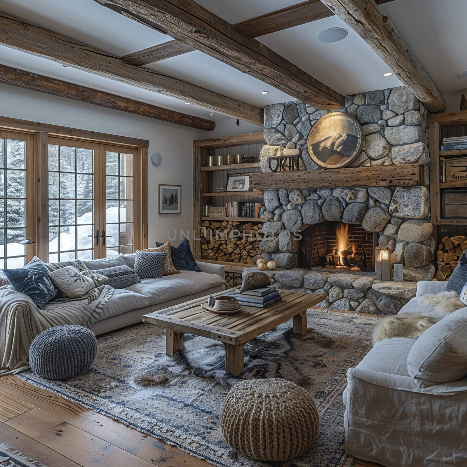 Cozy mountain cabin living room with a stone fireplace and wooden beams.