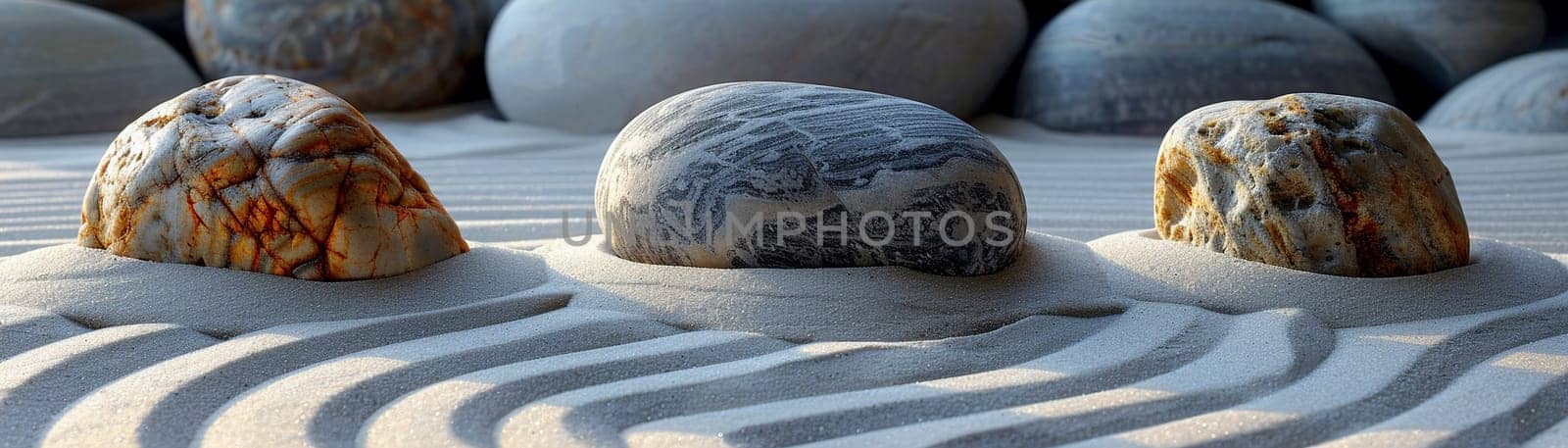 Zen rock garden with raked sand and minimalistic sculptures by Benzoix