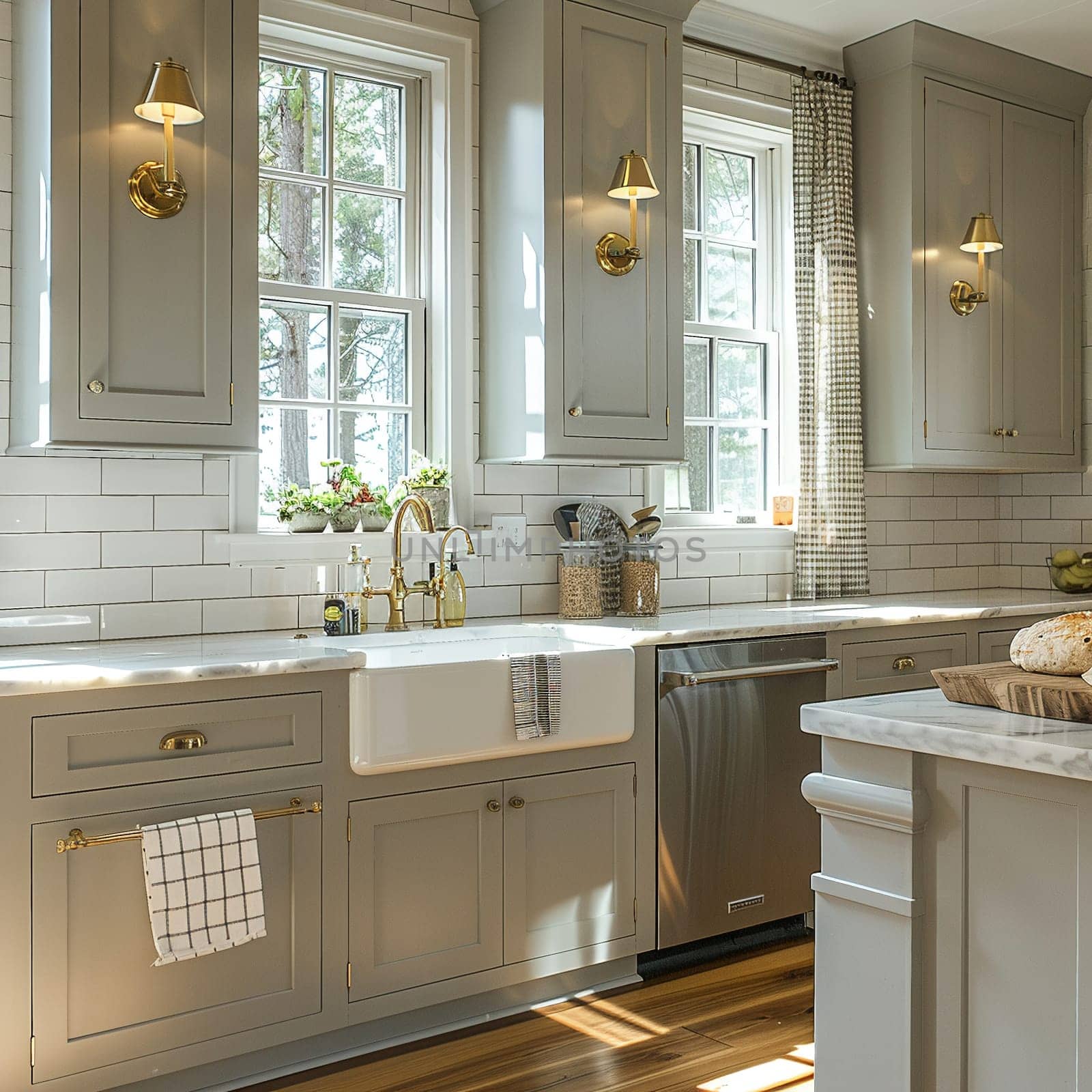 Southern-style kitchen with a farmhouse sink and checkered curtains.