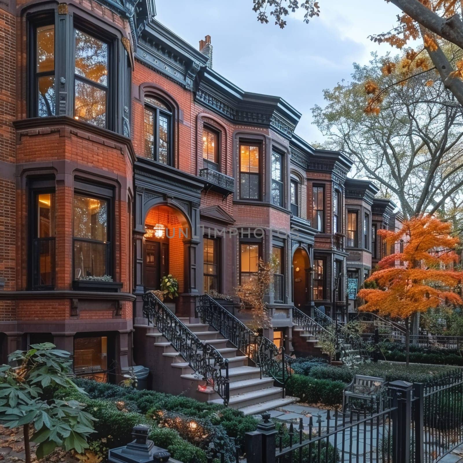 Classic Brownstones with Historical Charm and Iron Railings, iconic urban living.