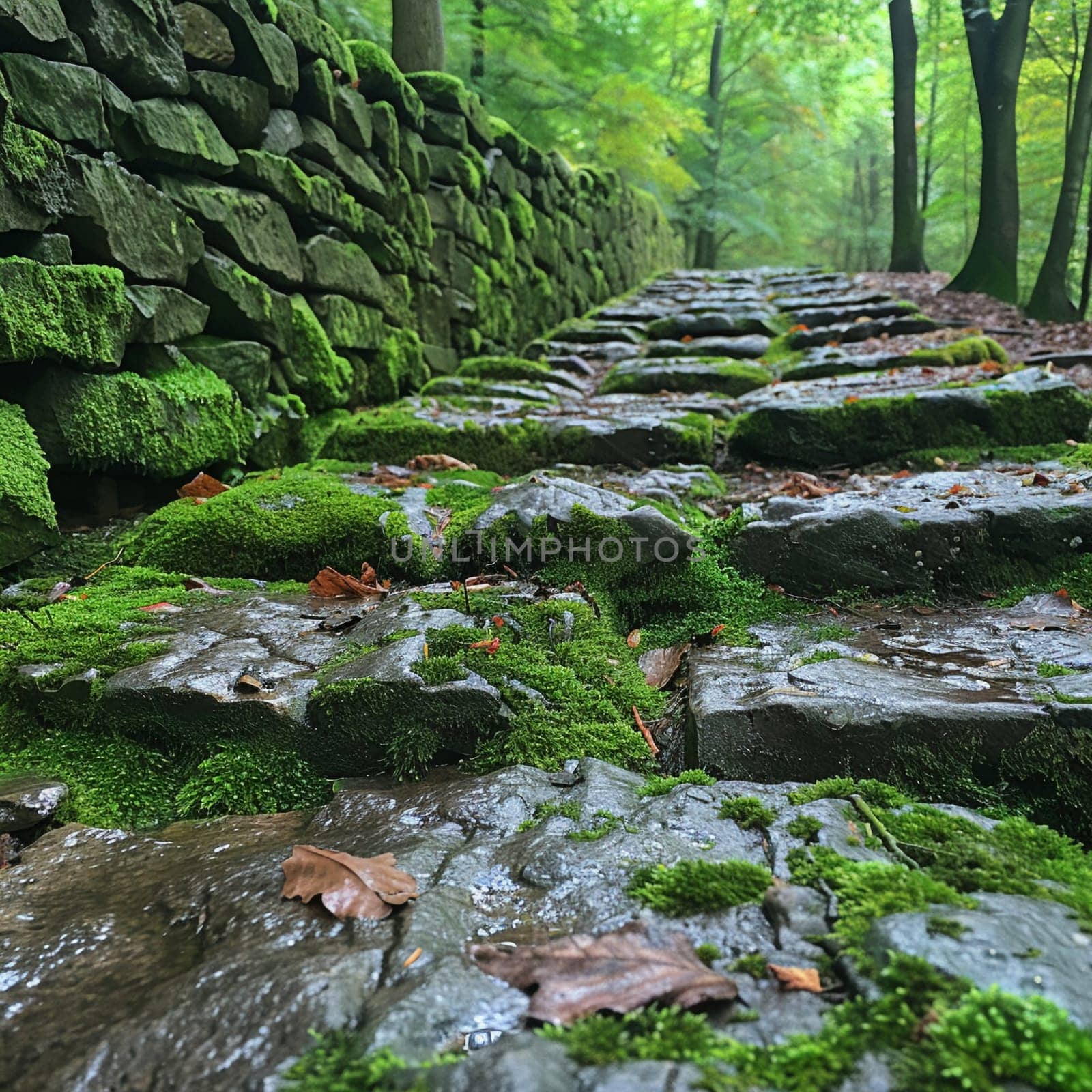 Moss-covered stone wall, symbolizing history and nature.